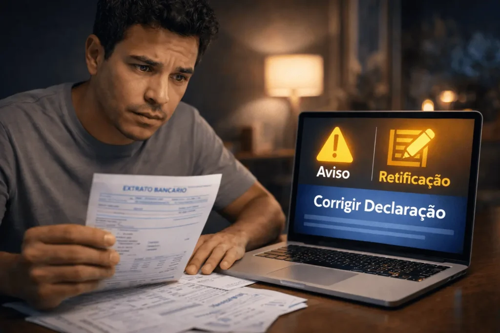Homem brasileiro ansioso segurando um documento esquecido durante a noite, olhando para um notebook com alerta de edição, ilustrando o envio da declaração retificadora para regularizar rendimentos omitidos e evitar a malha fina.