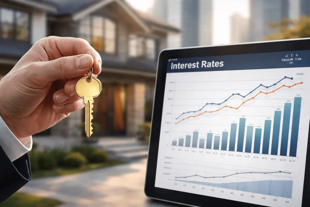 Mão com chave de casa e gráficos de juros: comparativo Home Equity vs crédito pessoal com garantia de imóvel em 2026.