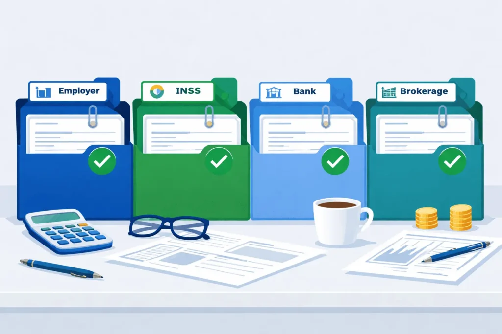 Documentos de comprovante de rendimentos 2026 organizados por fonte pagadora — empregador, INSS, banco e corretora