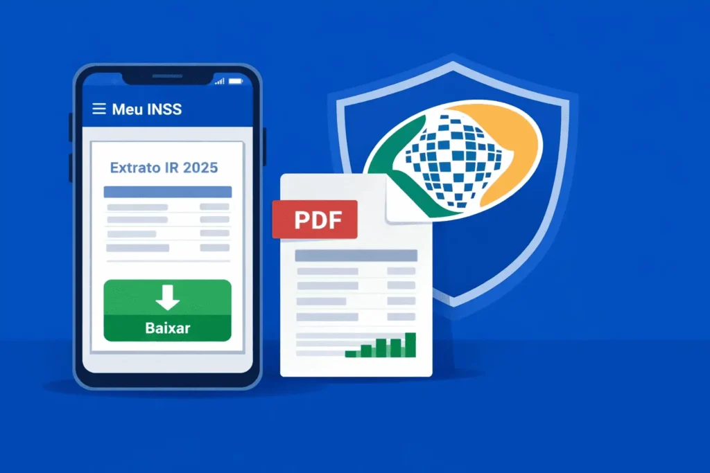 Tela do app Meu INSS mostrando o extrato de imposto de renda 2025 com botão de download do comprovante de rendimentos