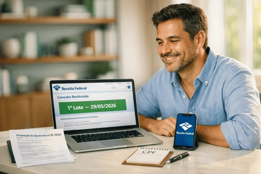 Pessoa consultando restituição do IRPF 2026 pelo CPF no portal da Receita Federal com resultado do 1º lote confirmado na tela