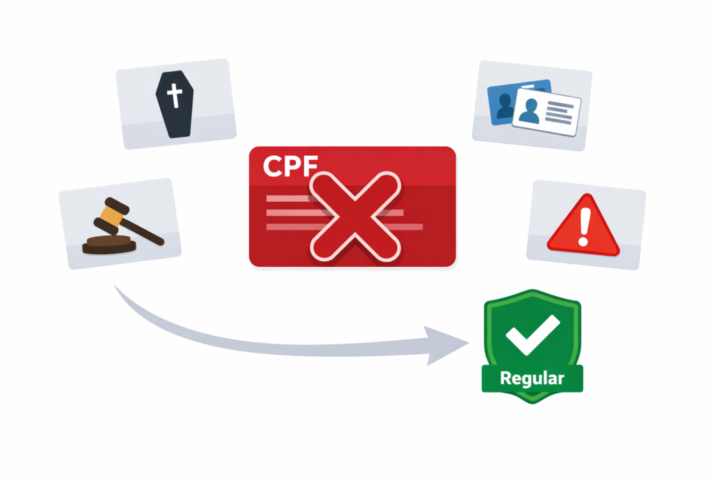 Ilustração das 4 causas de CPF cancelado na Receita Federal — óbito incorreto, duplicidade, decisão judicial e fraude — e como regularizar em 2026.