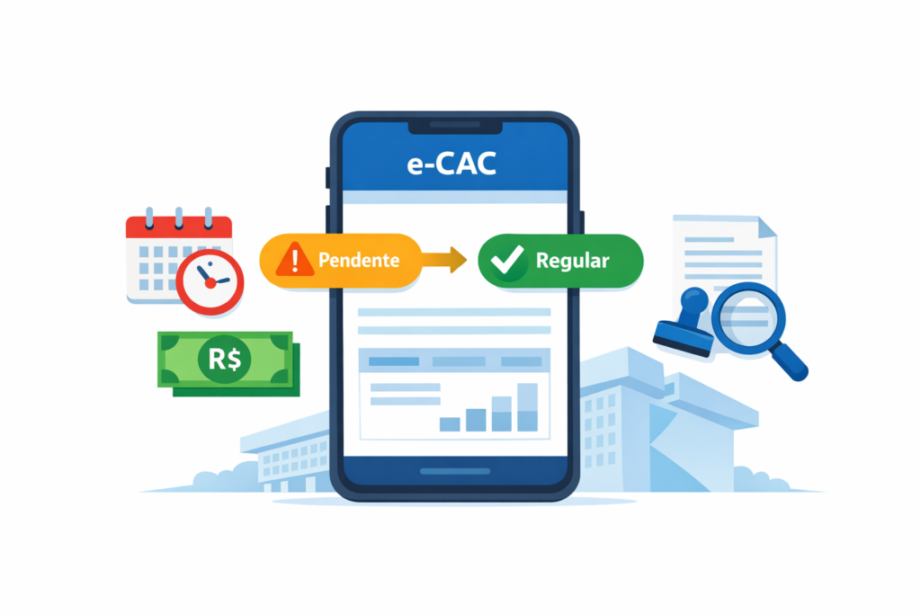 Ilustração de CPF pendente de regularização sendo resolvido pelo e-CAC da Receita Federal em até 72 horas — guia completo IR 2026.