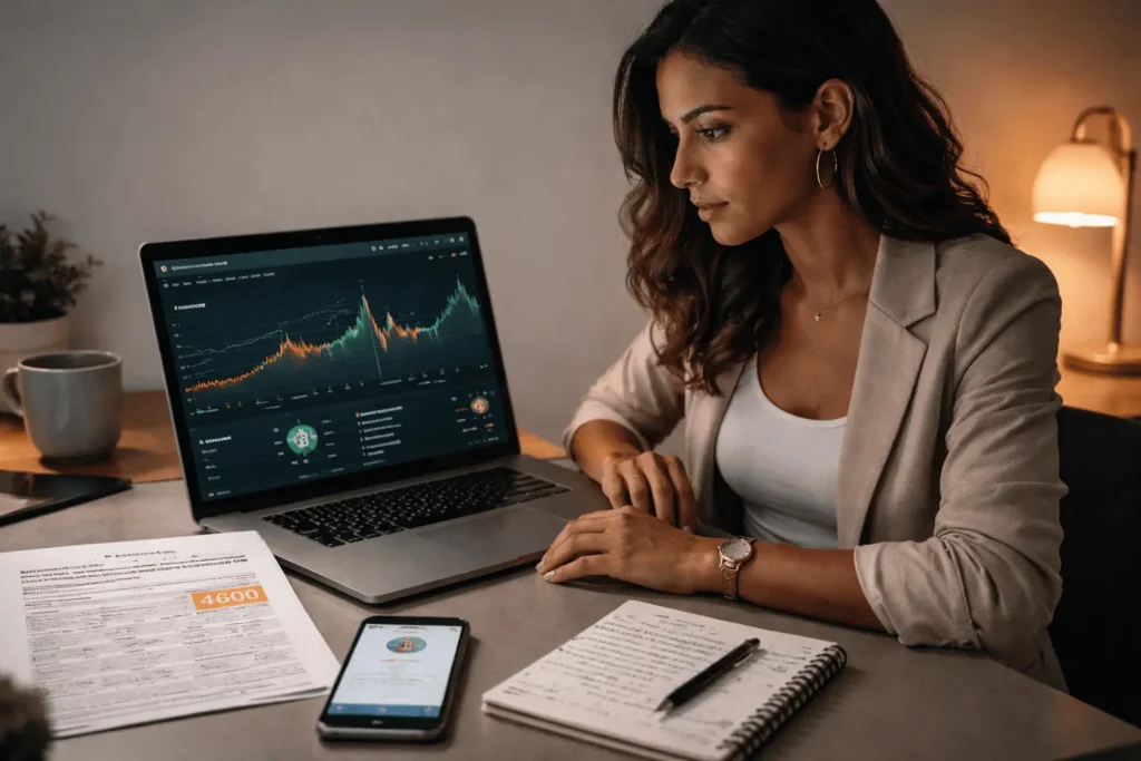 Investidora declarando ganho de capital em criptoativos no GCAP com DARF código 4600 e Bitcoin na tela em 2026