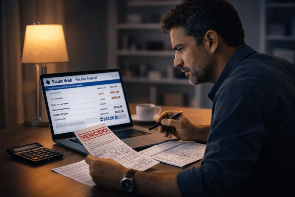 Pessoa regularizando DARF atrasado pelo Sicalc Web 2026 com documento vencido e multa calculada na tela