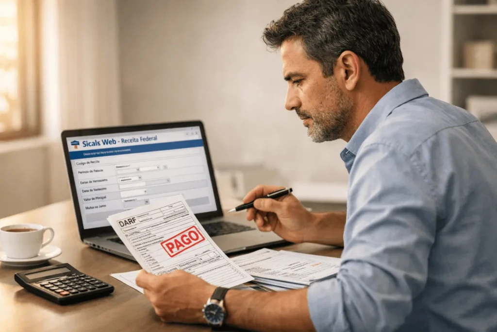 Pessoa física gerando DARF pelo Sicalc Web 2026 no laptop com documentos fiscais e calculadora na mesa