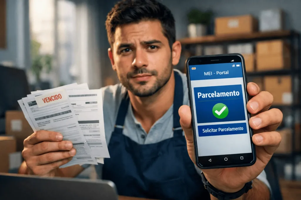 MEI preocupado segurando boletos atrasados e usando o celular para fazer o parcelamento do DAS MEI 2026.