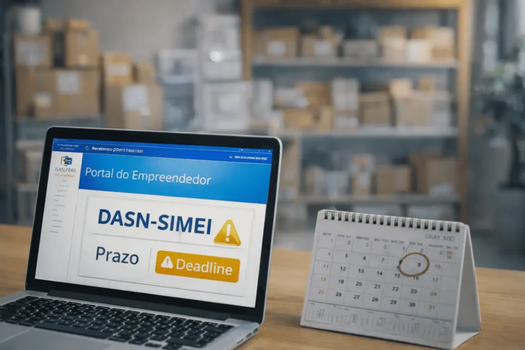 MEI focado no notebook entregando a declaração anual DASN-SIMEI 2026 antes do prazo terminar.