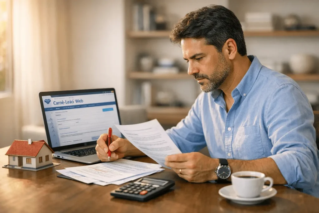 Proprietário declarando aluguel recebido de pessoa física no Carnê-Leão Web 2026 com documentos e laptop