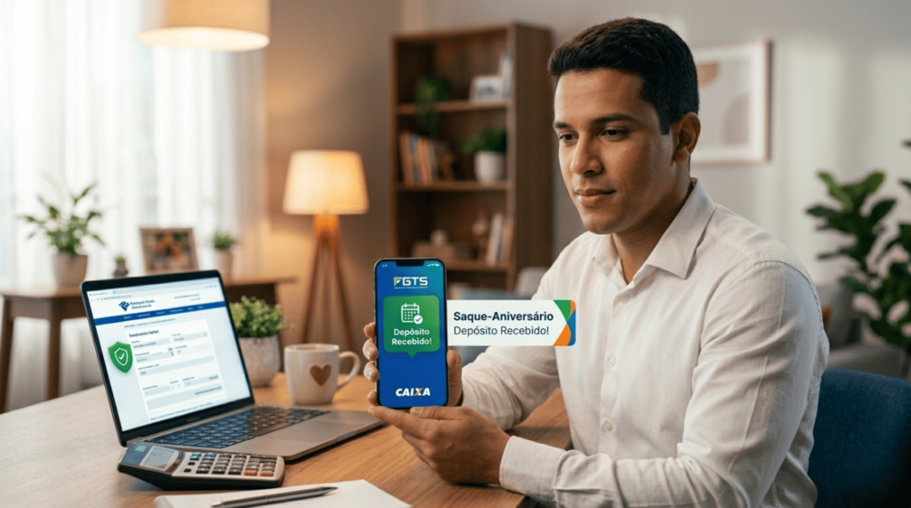 Homem focado usando celular com app do FGTS Saque-Aniversário e notebook aberto para declarar o Imposto de Renda 2026.