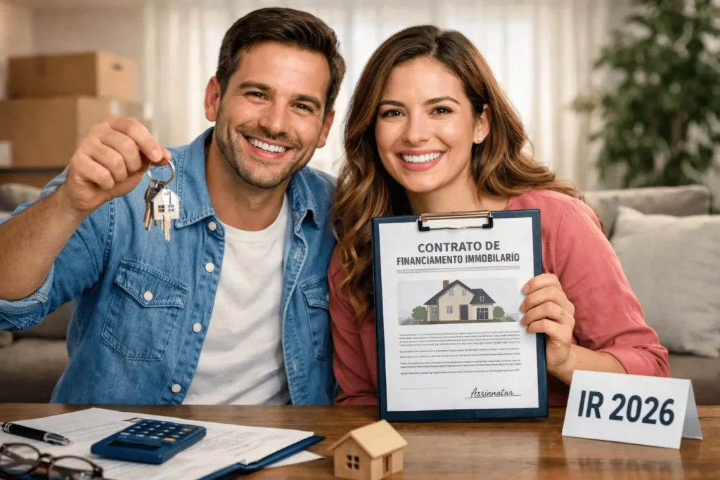 Casal segurando chaves e contrato de financiamento imobiliário para declarar no IR 2026