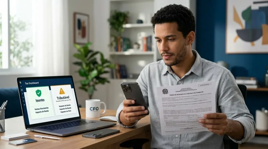 Profissional conferindo documento de rescisão e saldo do FGTS no celular para declarar no Imposto de Renda 2026.