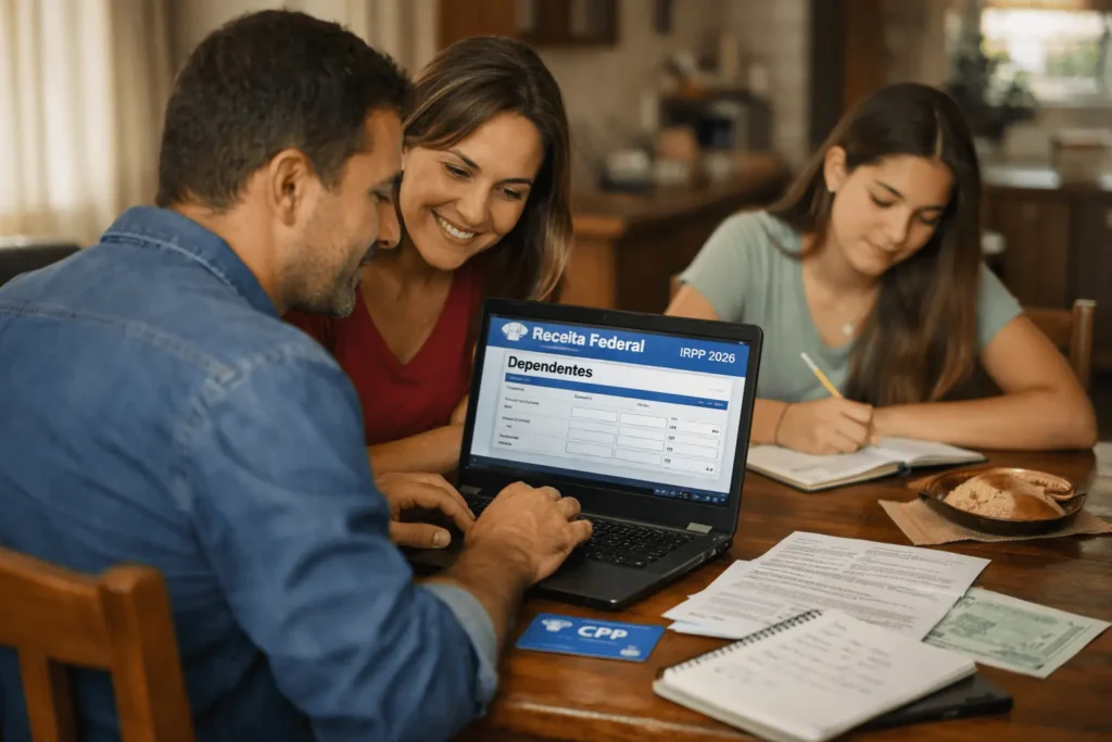 Família brasileira declarando dependentes no IR 2026 com documentos e CPF no programa IRPF da Receita Federal