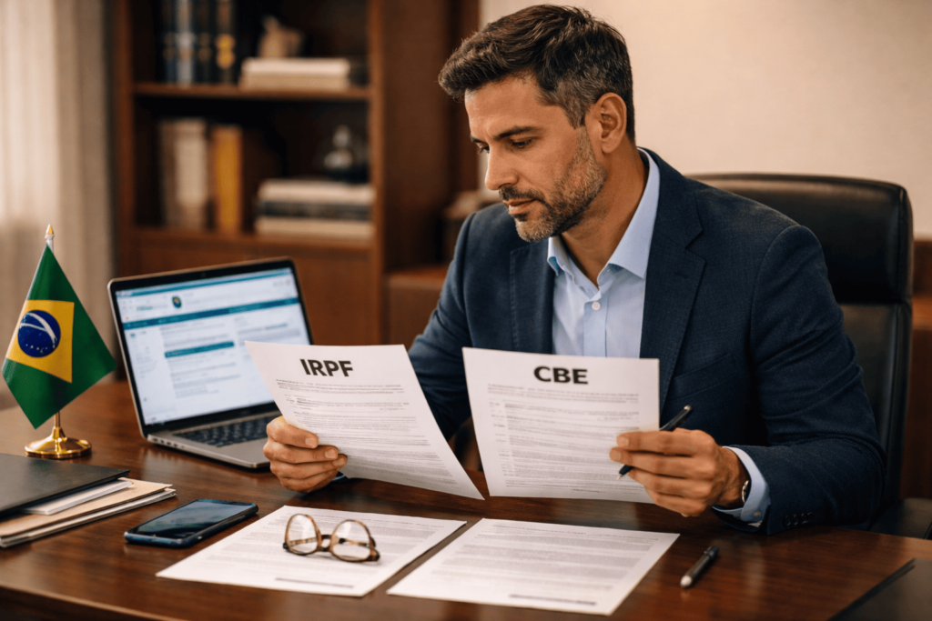 Contador comparando formulário IRPF da Receita Federal e CBE do Banco Central em escritório profissional — diferenças entre as duas declarações obrigatórias para quem tem investimentos no exterior em 2026