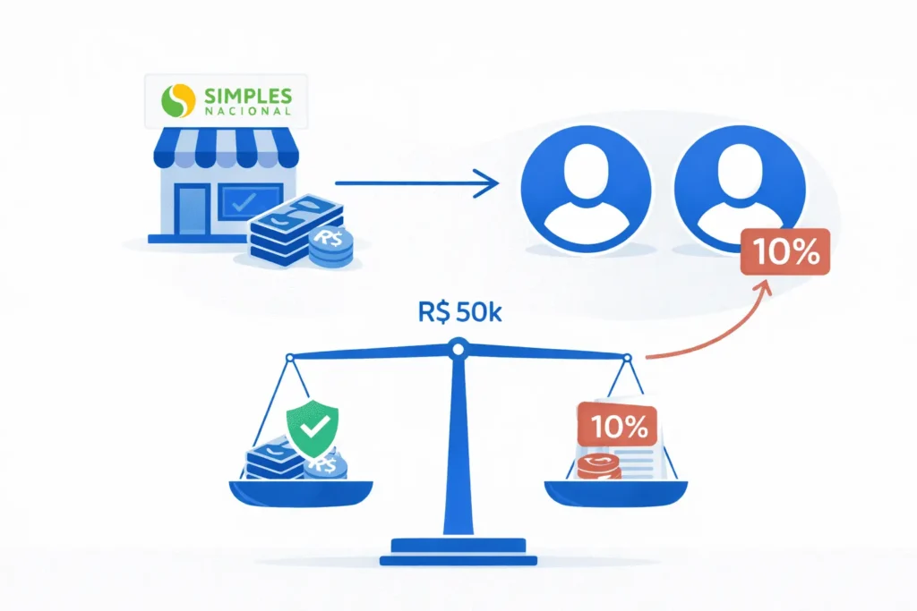 Esquema visual da distribuição de lucros no Simples Nacional em 2026 com limite de R$ 50 mil por sócio e retenção de 10% conforme Lei 15.270/2025