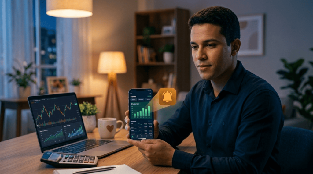 Investidor atento lendo um alerta sobre dividendos no celular com gráficos financeiros no notebook para o IR 2026.