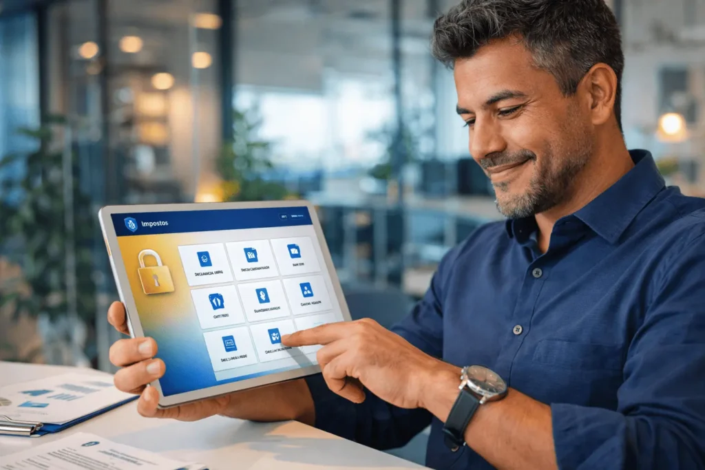 Homem brasileiro confiante e relaxado usando um tablet para acessar o painel de serviços do portal e-CAC da Receita Federal, ilustrando um guia completo passo a passo.