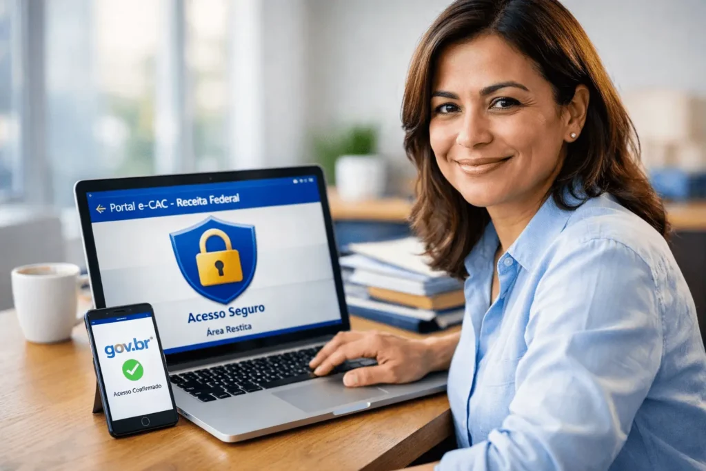 Mulher focada e aliviada usando um notebook para acessar o portal seguro do e-CAC da Receita Federal, com um celular ao lado confirmando o login gov.br, para resolver pendências do Imposto de Renda 2026.