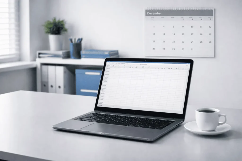 Mesa de escritório contábil vazia representando empresa sem movimento obrigada a entregar EFD-Contribuições em dezembro