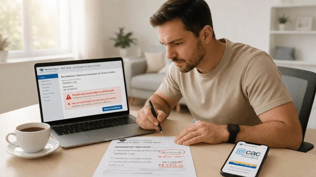 Contribuinte corrigindo erro na declaração pré-preenchida do IR 2026 no laptop com e-CAC aberto