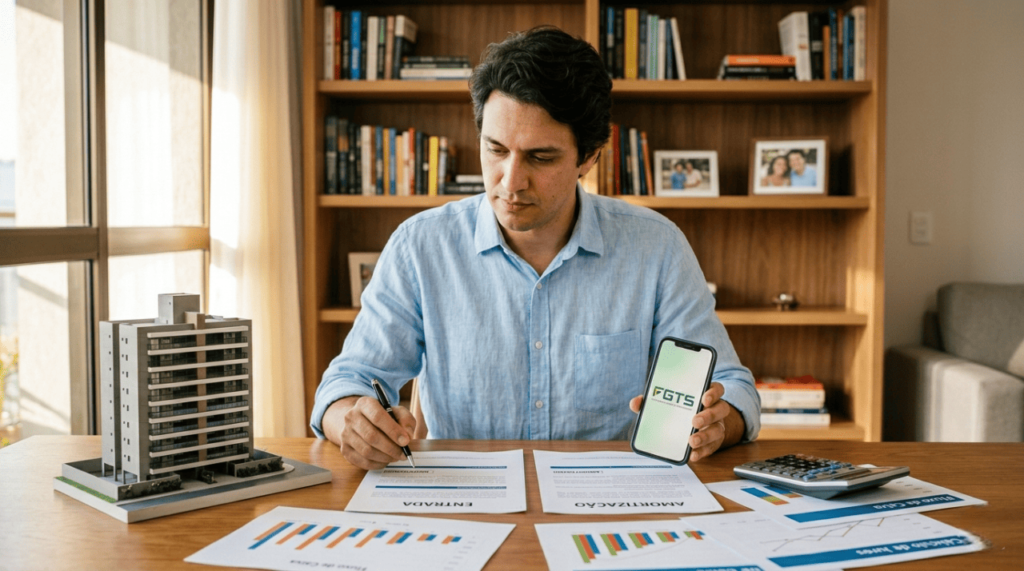 Homem analisando estratégia de usar FGTS para amortizar financiamento ou dar entrada em imóvel em 2026