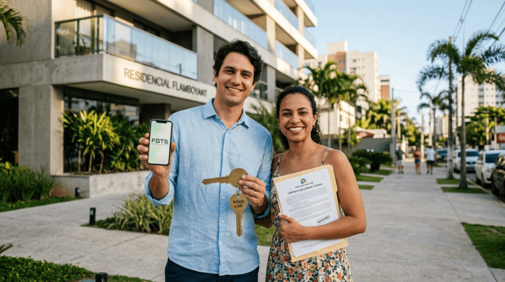 Casal usando FGTS para financiar imóvel em 2026 com app da Caixa e contrato de compra na mão