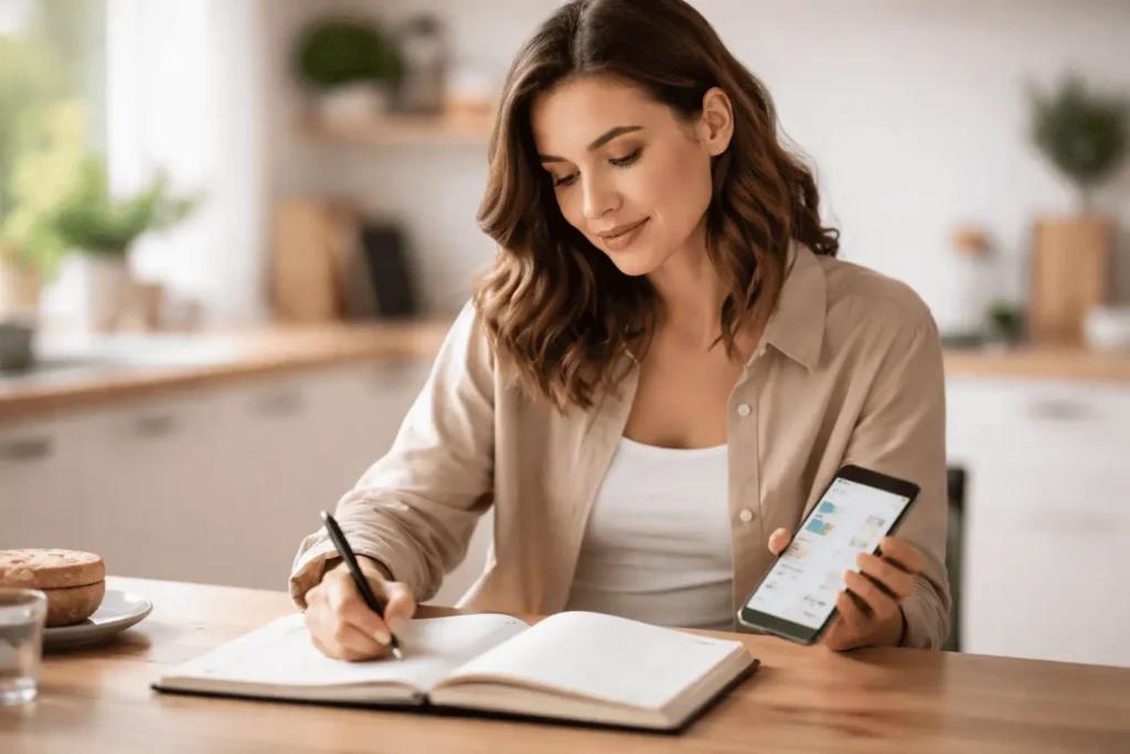 Mulher organizando finanças pessoais com 2 salários mínimos em 2026 usando caderno e celular