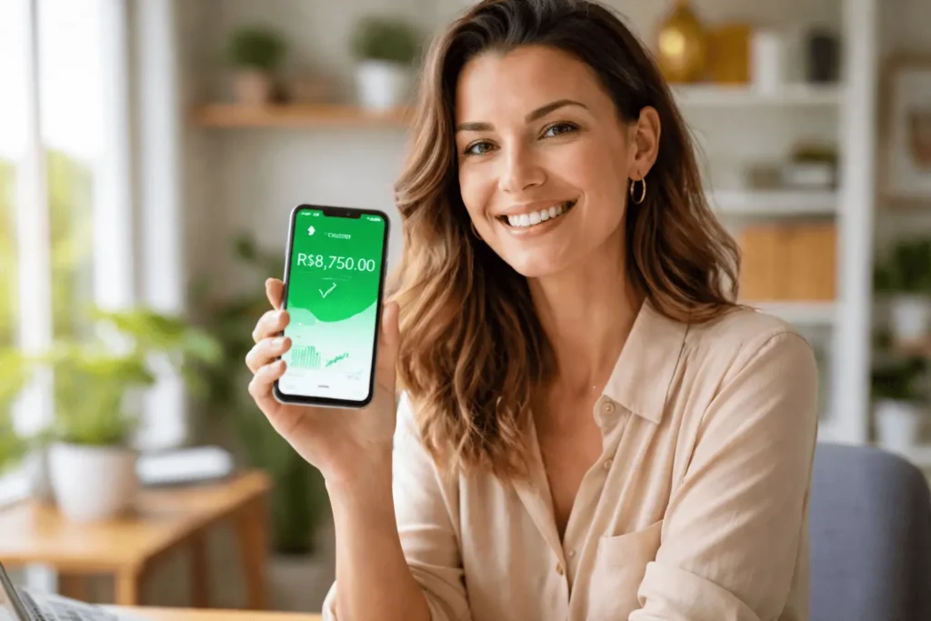 Mulher aliviada organizando suas finanças pessoais pelo celular em 2026