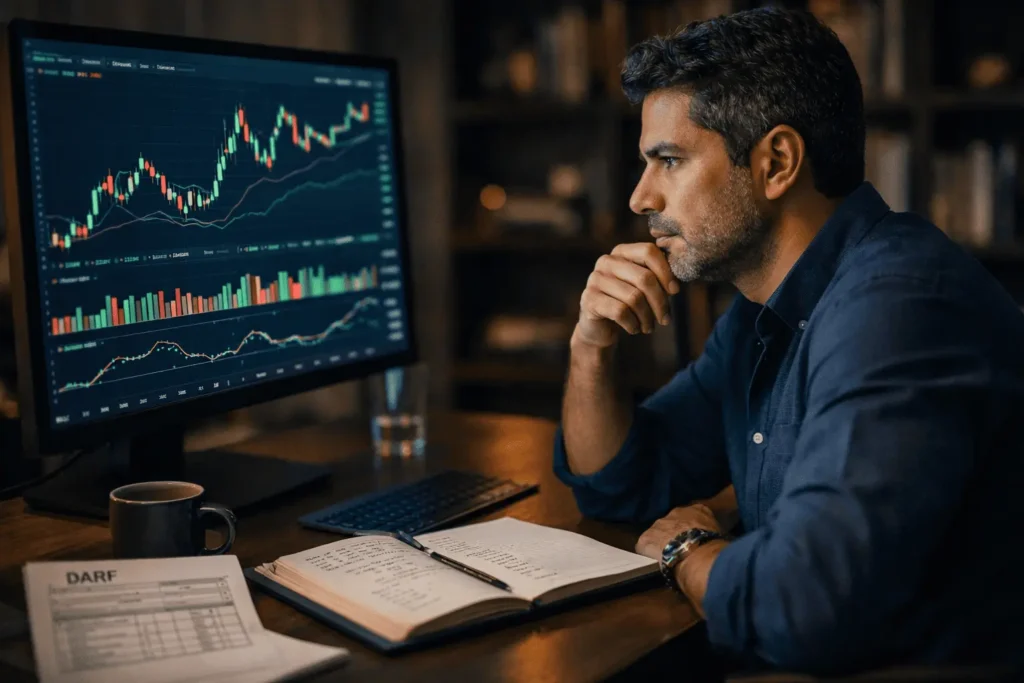 Investidor calculando ganho de capital em ações e ETFs com nova alíquota de 2026 e documento DARF na mesa