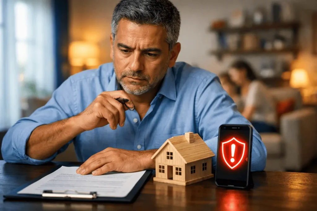 Homem brasileiro cauteloso analisando um contrato com uma caneta na mão, ao lado de uma casa em miniatura e um celular com sinal de alerta, representando os cuidados essenciais antes de fazer uma hipoteca e colocar o imóvel em risco.