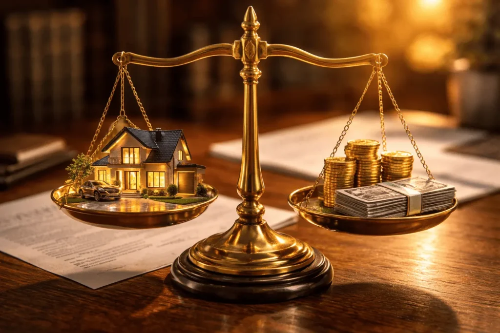 Fotografia de uma balança de pratos clássica sobre uma mesa. De um lado há a miniatura de uma casa e, do outro, pilhas de dinheiro, simbolizando a avaliação de custo-benefício de um empréstimo com garantia de imóvel (Home Equity).