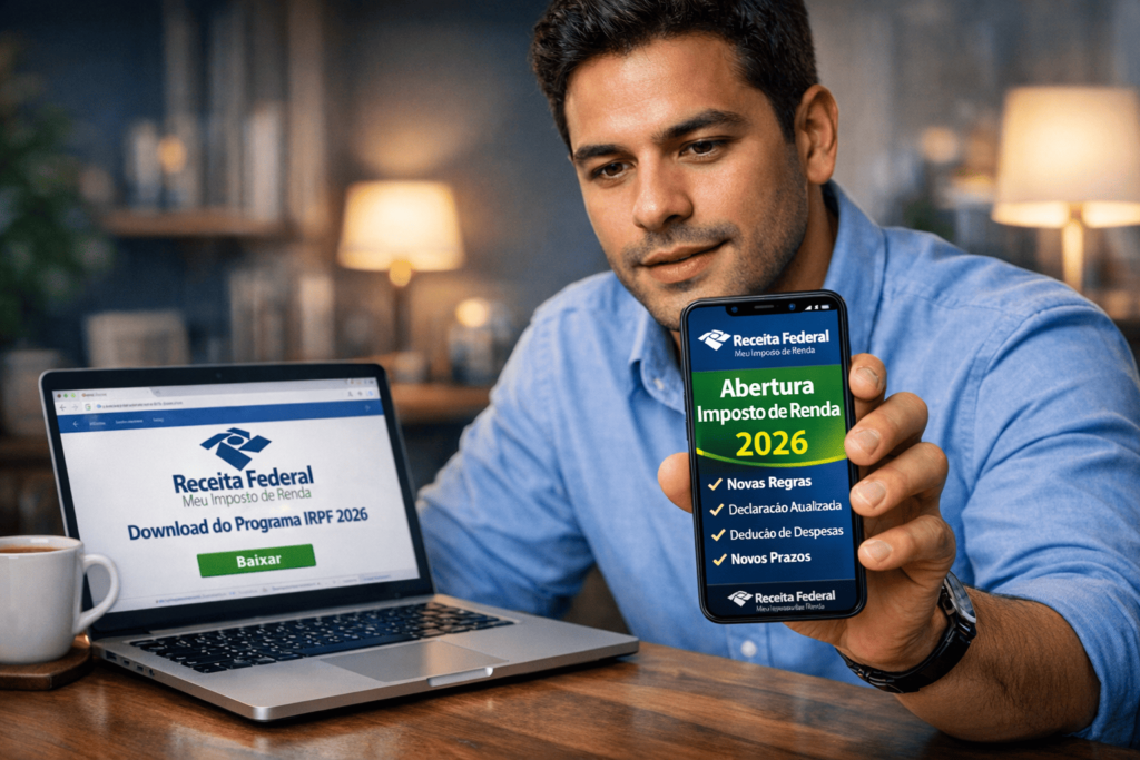 Contribuinte lendo as novas regras no celular com o programa do Imposto de Renda 2026 aberto no notebook.