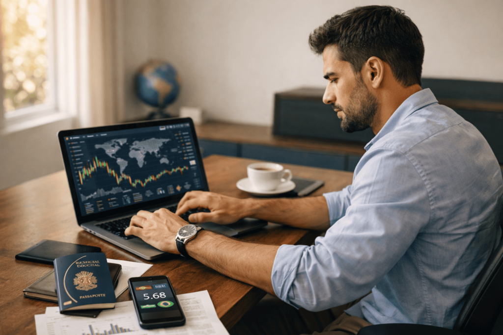 Investidor brasileiro declarando investimentos no exterior no IRPF 2026 em home office com laptop, passaporte e documentos financeiros sobre a mesa