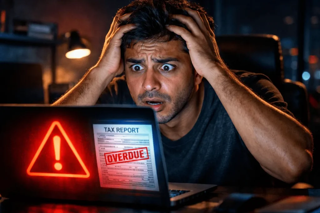 Homem brasileiro muito preocupado com as mãos na cabeça em frente a um notebook com um alerta vermelho na tela, ilustrando o perigo de ter o CPF bloqueado e cair na malha fina do Imposto de Renda 2026 devido à confusão da isenção de 5 mil reais