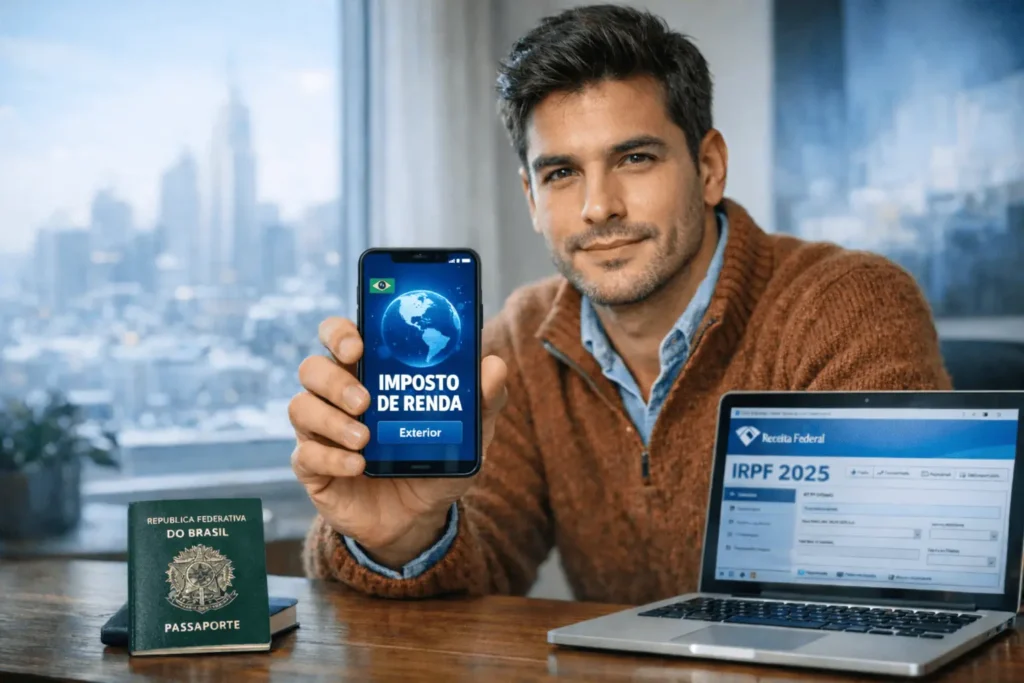 Brasileiro morando no exterior usando celular e notebook ao lado do passaporte para declarar o Imposto de Renda 2026.