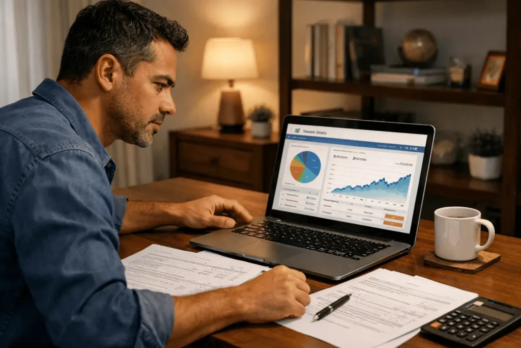 Pessoa analisando extrato do Tesouro Direto ao lado de declaração de IRPF no computador