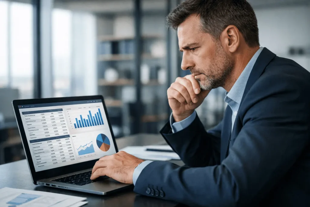 Contador analisando DARF de IRRF Decendial no computador em escritório moderno