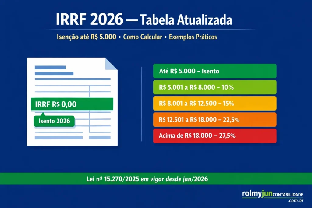 IRRF 2026 tabela atualizada com isenção até R$ 5.000 — faixas, alíquotas e como calcular