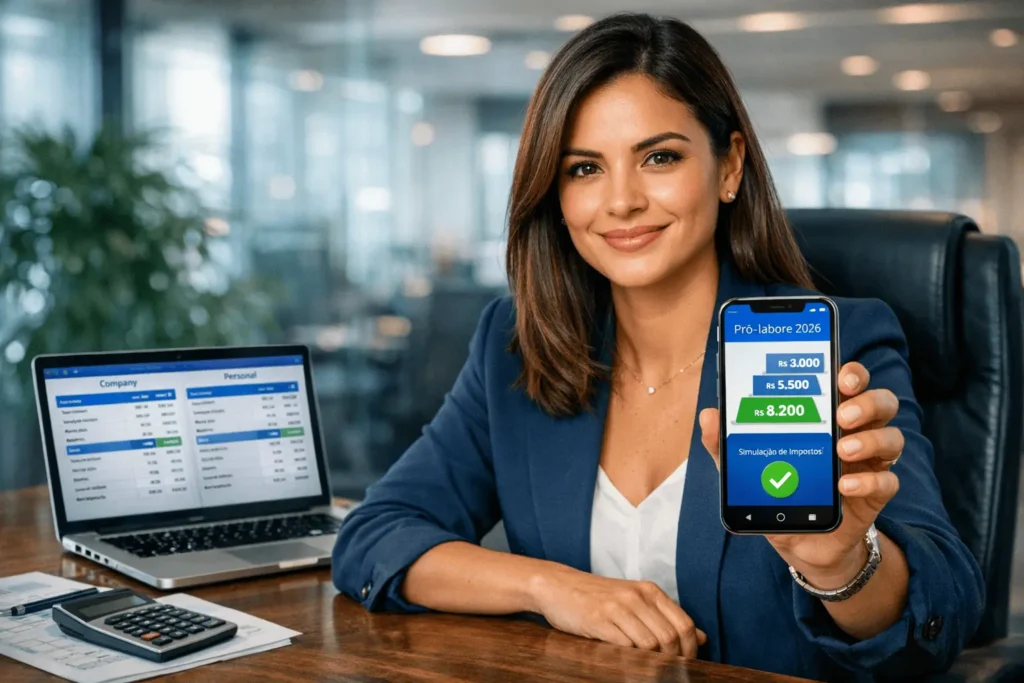 Empresária focada calculando o IRRF sobre o pró-labore 2026 no celular e notebook em seu escritório corporativo