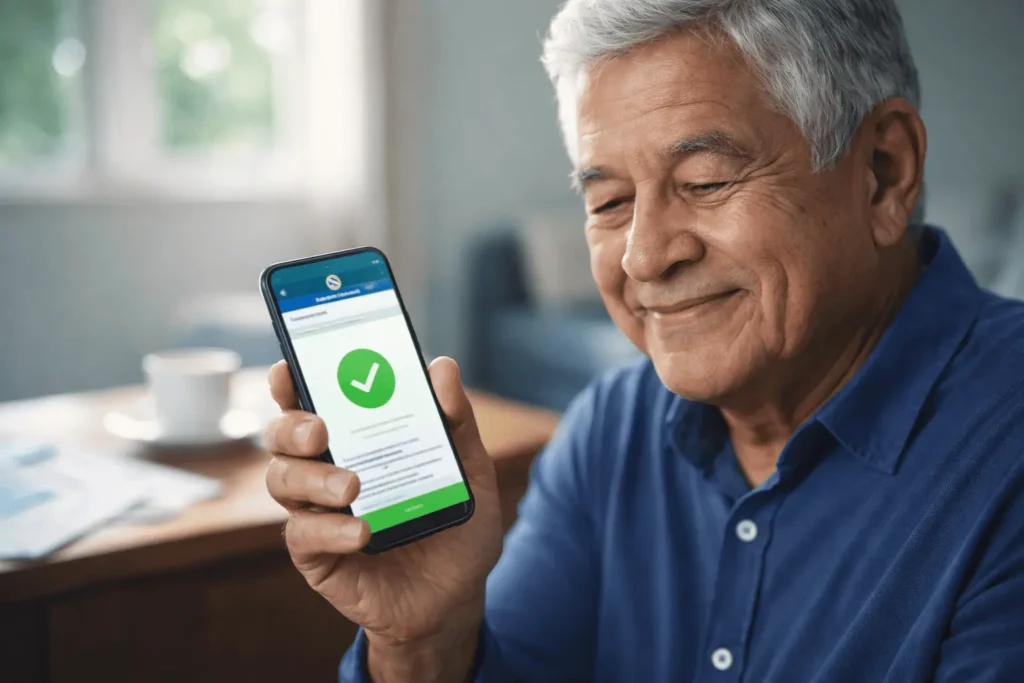 Senhor idoso com cabelos grisalhos sorrindo aliviado ao olhar para a tela de um celular com um sinal de confirmação verde, representando a consulta de isenção do IR 2026 para aposentados.