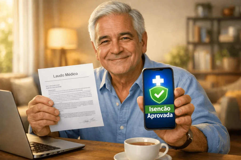 Senhor aliviado com laudo médico e celular vendo a aprovação da isenção de IRRF por doença grave em 2026.