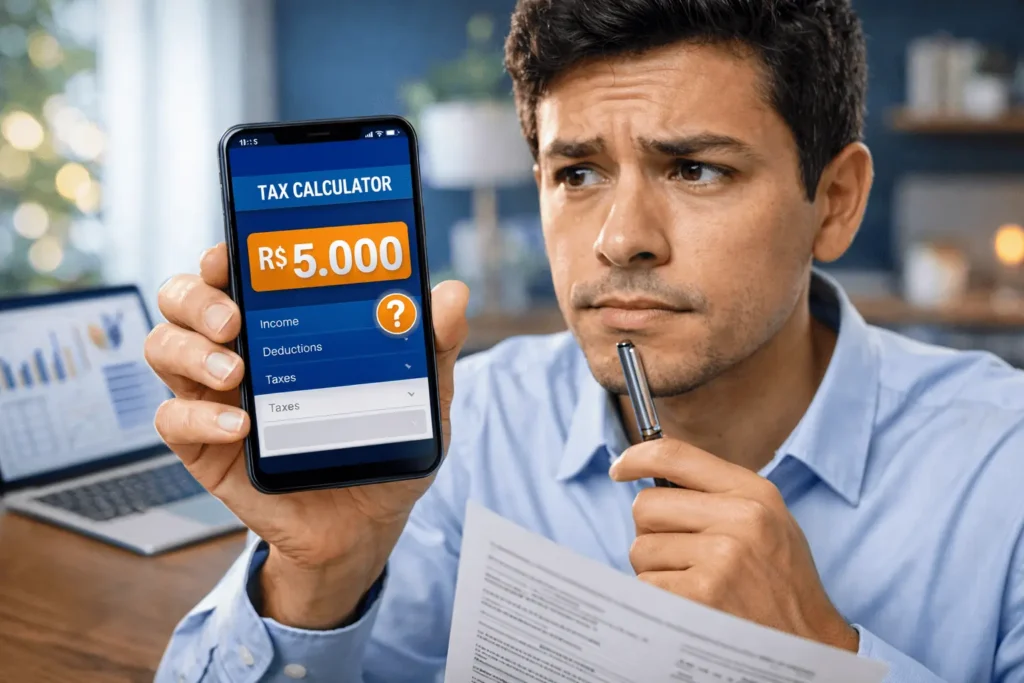 Profissional brasileiro pensativo e confuso olhando para um celular com o valor de R$ 5.000 na tela e comparando com documentos, tentando entender o limite real de isenção para declarar o Imposto de Renda 2026.