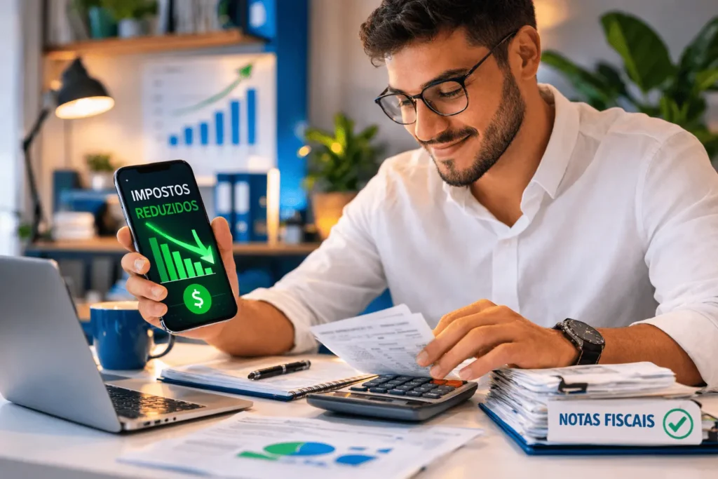Profissional autônomo brasileiro sorrindo aliviado ao calcular recibos de despesas com uma calculadora, descobrindo como pagar menos imposto usando as deduções do Livro Caixa no Carnê-Leão 2026.