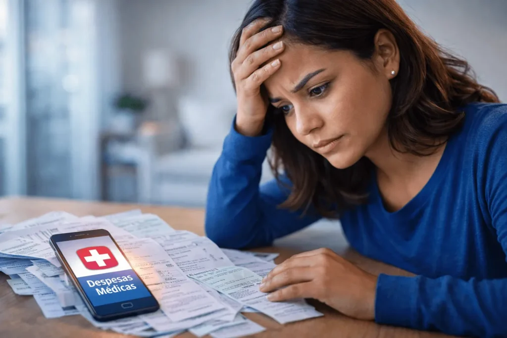 Mulher jovem estressada com a mão na testa, olhando preocupada para uma pilha de recibos médicos e para um celular com um alerta vermelho, representando o risco de cair na malha fina do Imposto de Renda 2026 por erros nas despesas de saúde.