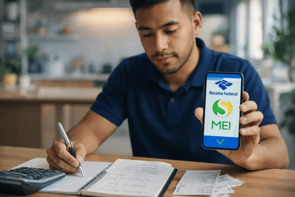 MEI fazendo cálculos no caderno para descobrir se precisa declarar o Imposto de Renda 2026.