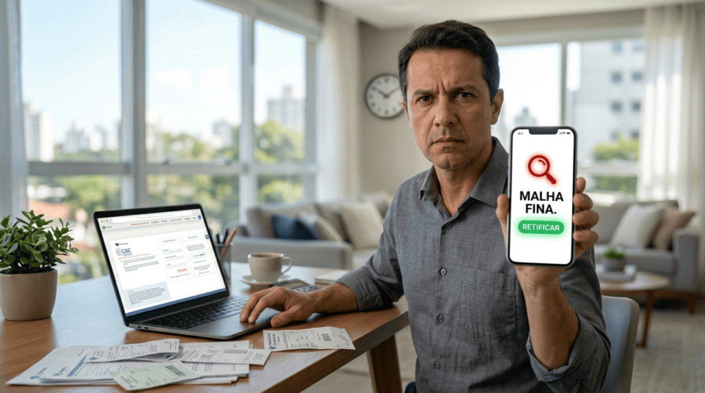 Homem preocupado vendo alerta vermelho no celular com a opção de resolver e sair da malha fina do IR 2026 rápido.