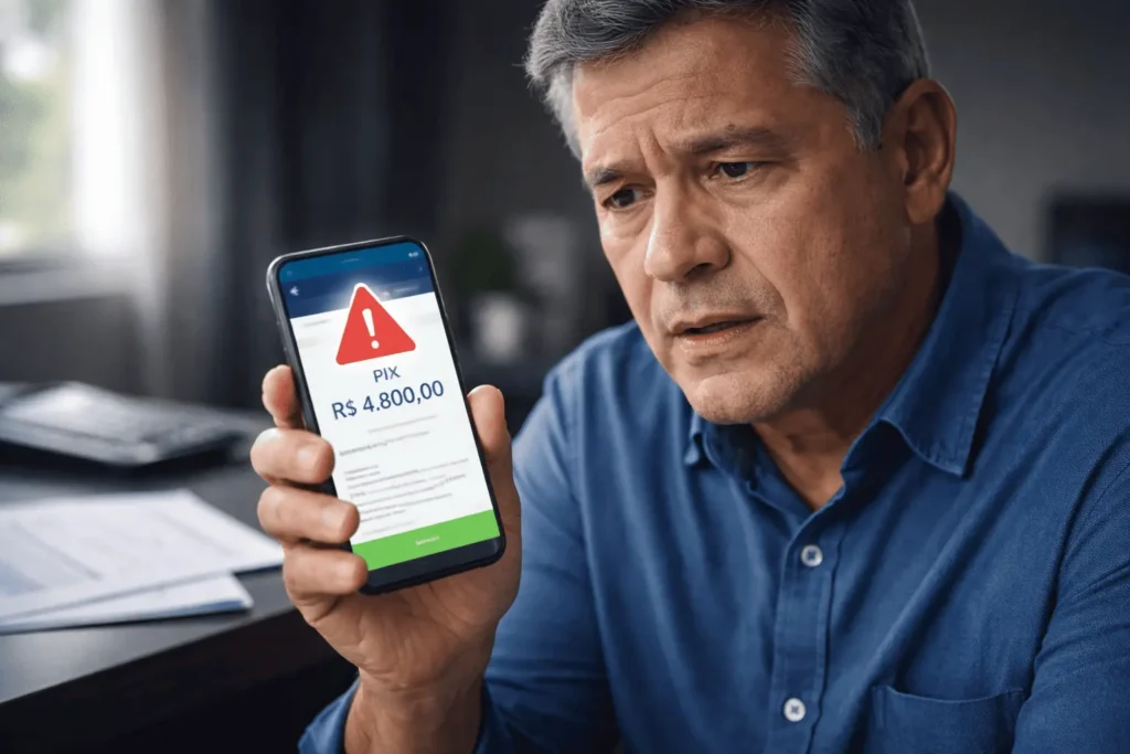 Pessoa preocupada olhando notificação de PIX no celular com símbolo da Receita Federal ao fundo