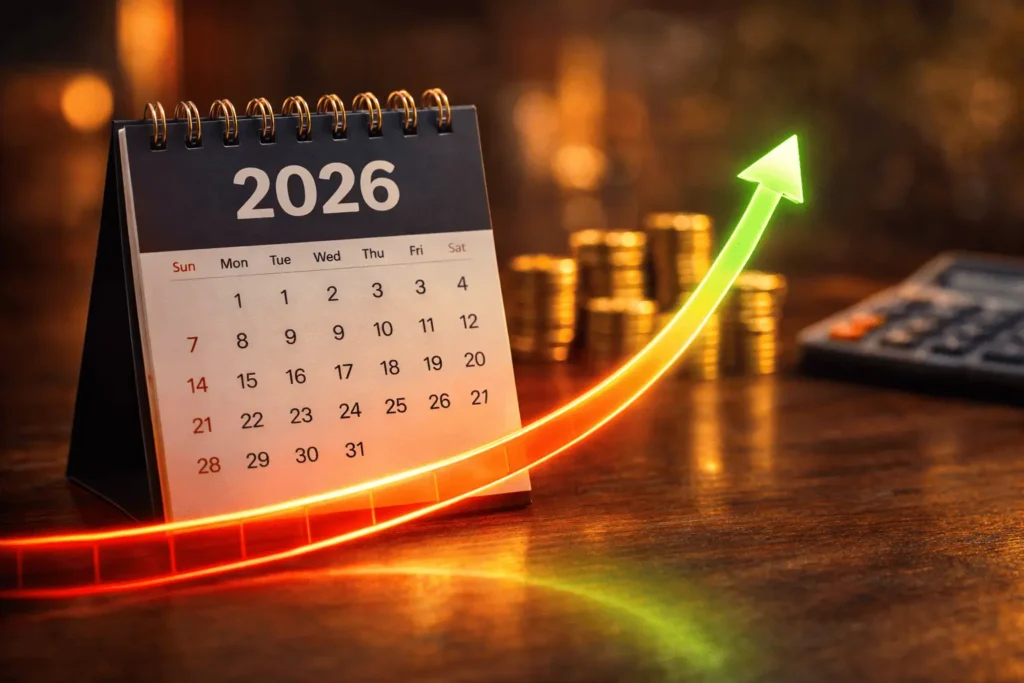 Fotografia de um calendário de mesa do ano 2026 ao lado de uma seta gráfica que sobe, mudando da cor vermelha para a verde. Ao fundo, moedas e uma calculadora, simbolizando a transição das dívidas para o sucesso financeiro.