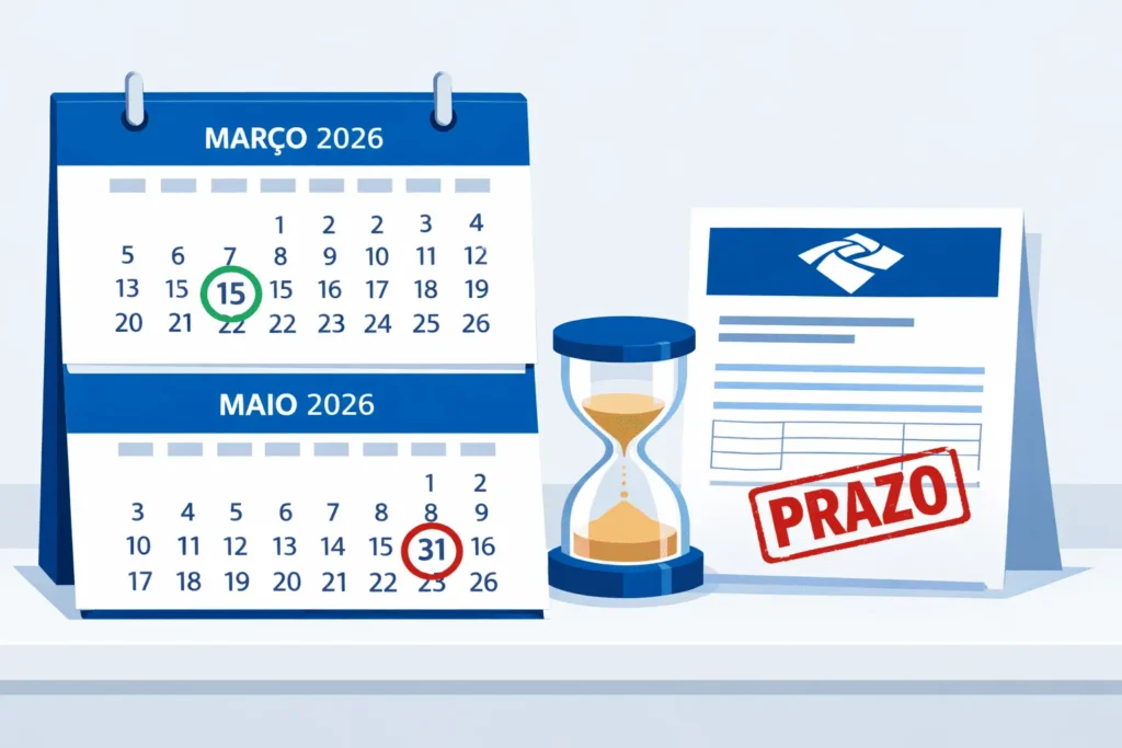 Calendário com prazo da declaração do Imposto de Renda 2026: início em 15 de março e encerramento em 31 de maio