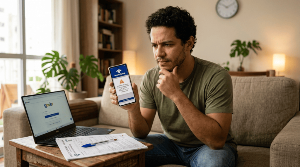 Pessoa com erro na declaração pré-preenchida no app Receita Federal 2026 tentando resolver problema de acesso pelo celular em casa